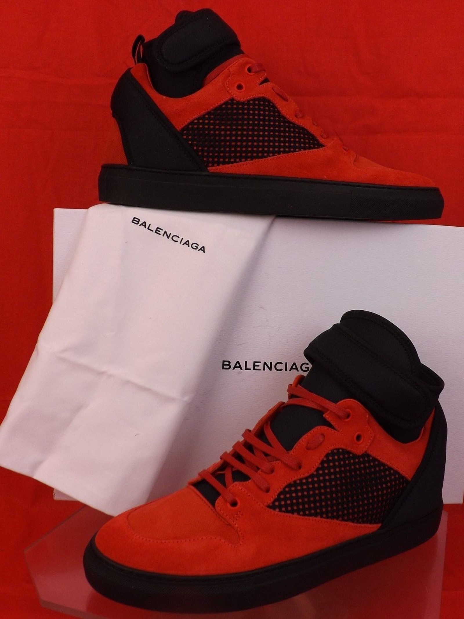 Nib Balenciaga Red Suede Black Mesh Strap Hi Top Sneakers 42 412349